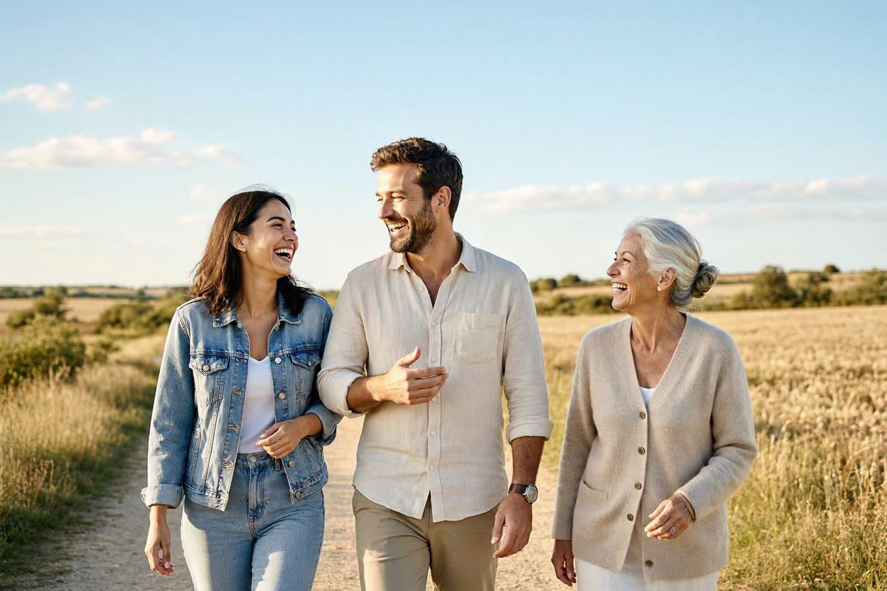 Petit groupe d’amis marchant ensemble en souriant sur un chemin de campagne