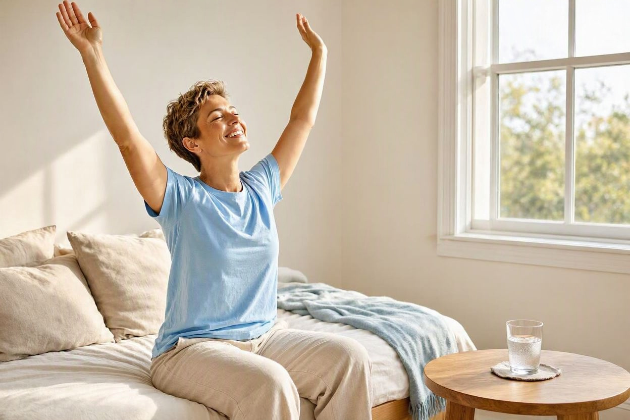 Personne qui s’étire à côté d’une fenêtre lumineuse après une sieste
